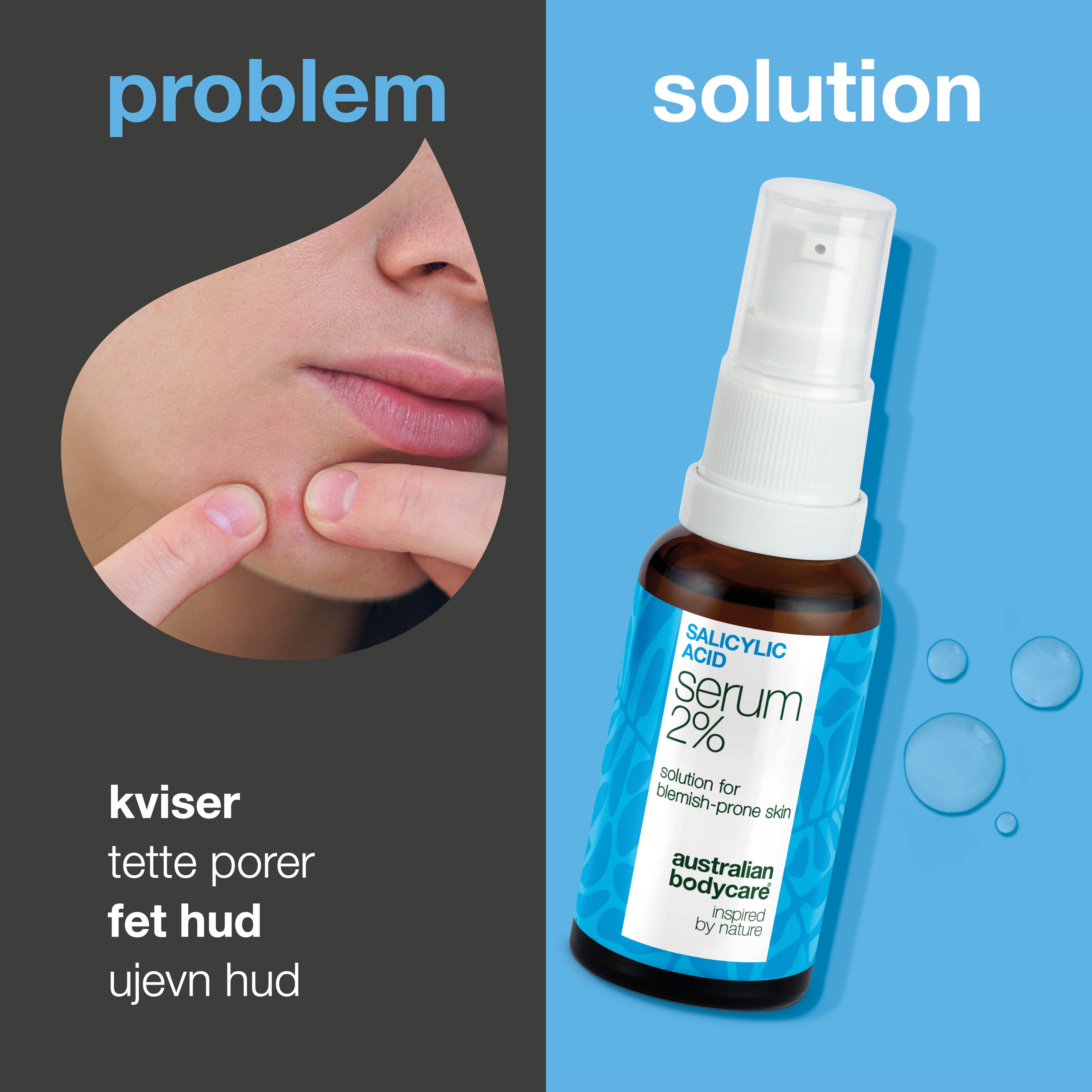 Salisylsyre 2 % serum for uren hud, hudormer og blank T-sone. Inneholder Zinc PCA, grønn te-ekstrakt, glyserin og hyaluronsyre for synlig resultat.