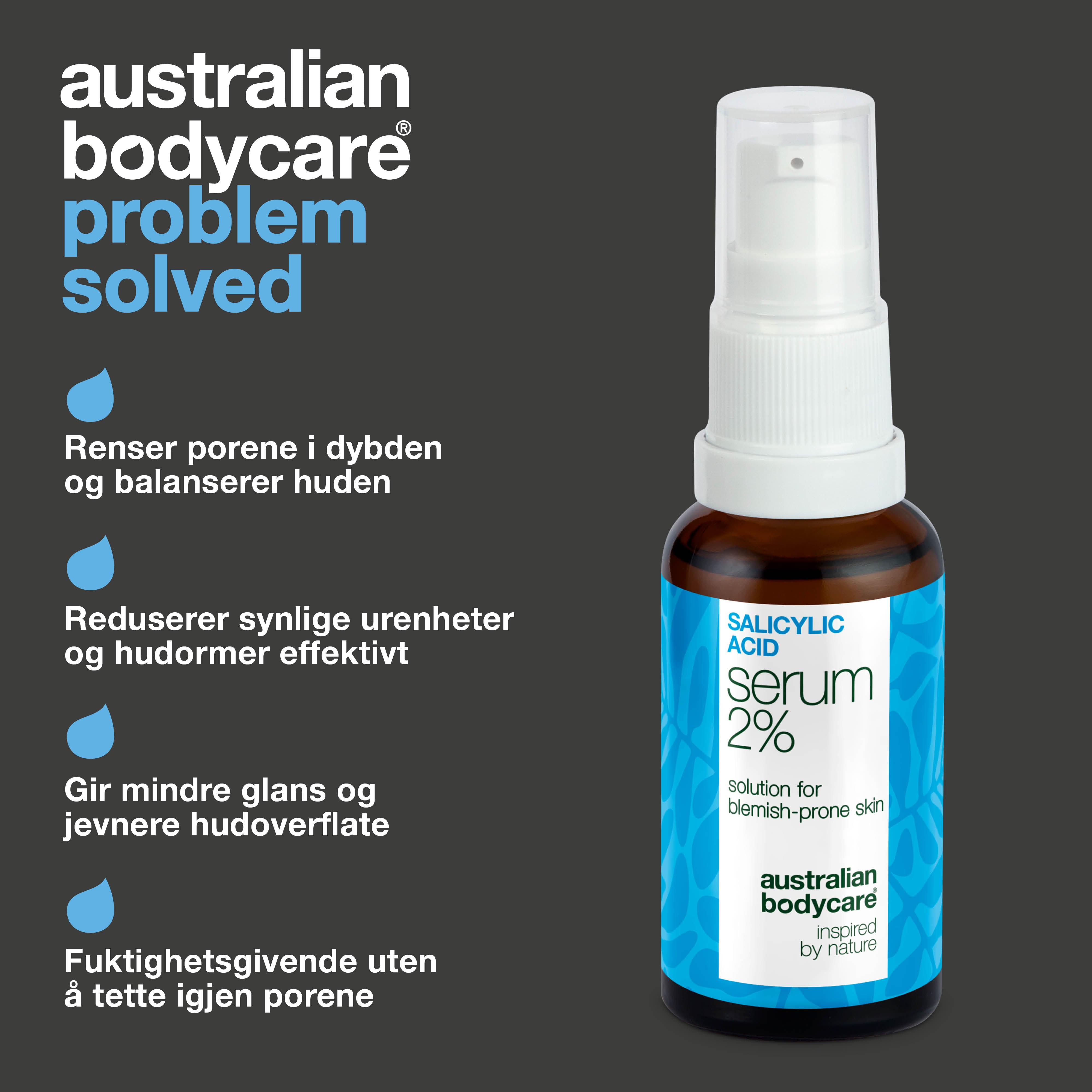 Salisylsyre 2 % serum for uren hud, hudormer og blank T-sone. Inneholder Zinc PCA, grønn te-ekstrakt, glyserin og hyaluronsyre for synlig resultat.