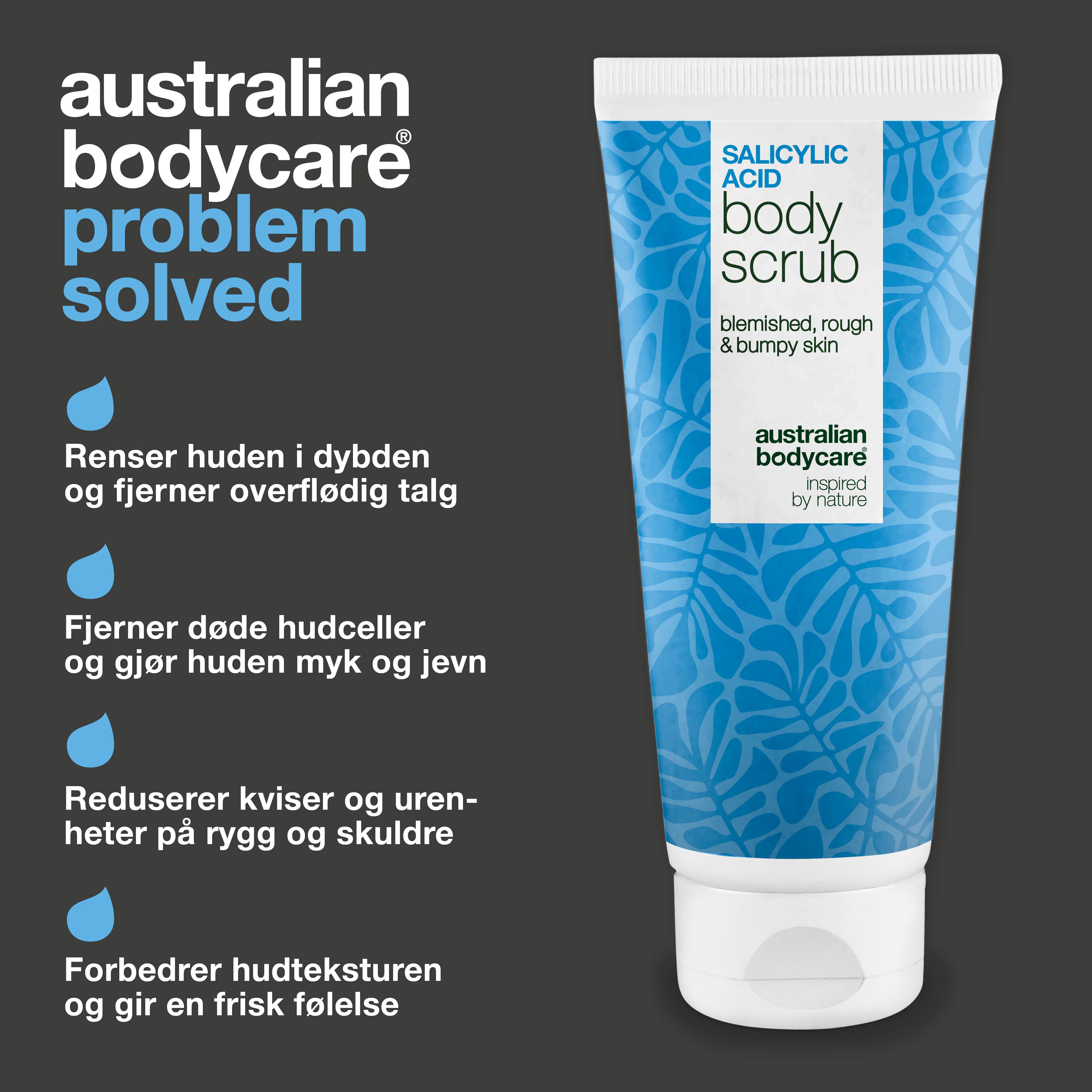 Body Scrub med salisylsyre mot kviser, nupper og tette porer — Body Scrub med salisylsyre fjerner døde hudceller og renser porer. Inneholder salisylsyre, glykolsyre, aprikoskjernepulver og allantoin.