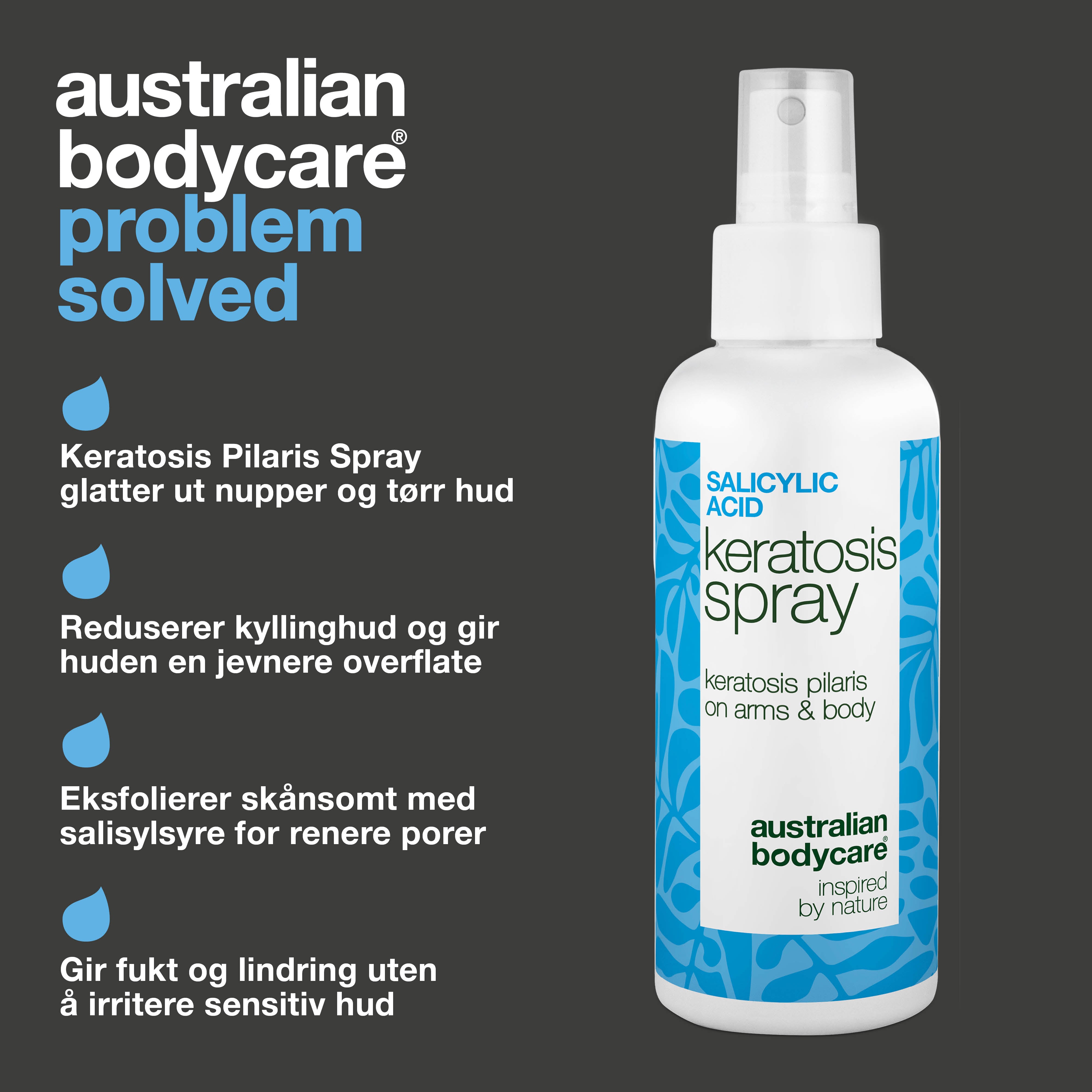 Spray mot keratosis pilaris og nupper på armer og lår — Keratosis pilaris spray reduserer nupper og ru hud. Inneholder salisylsyre som eksfolierer og mykgjør huden.