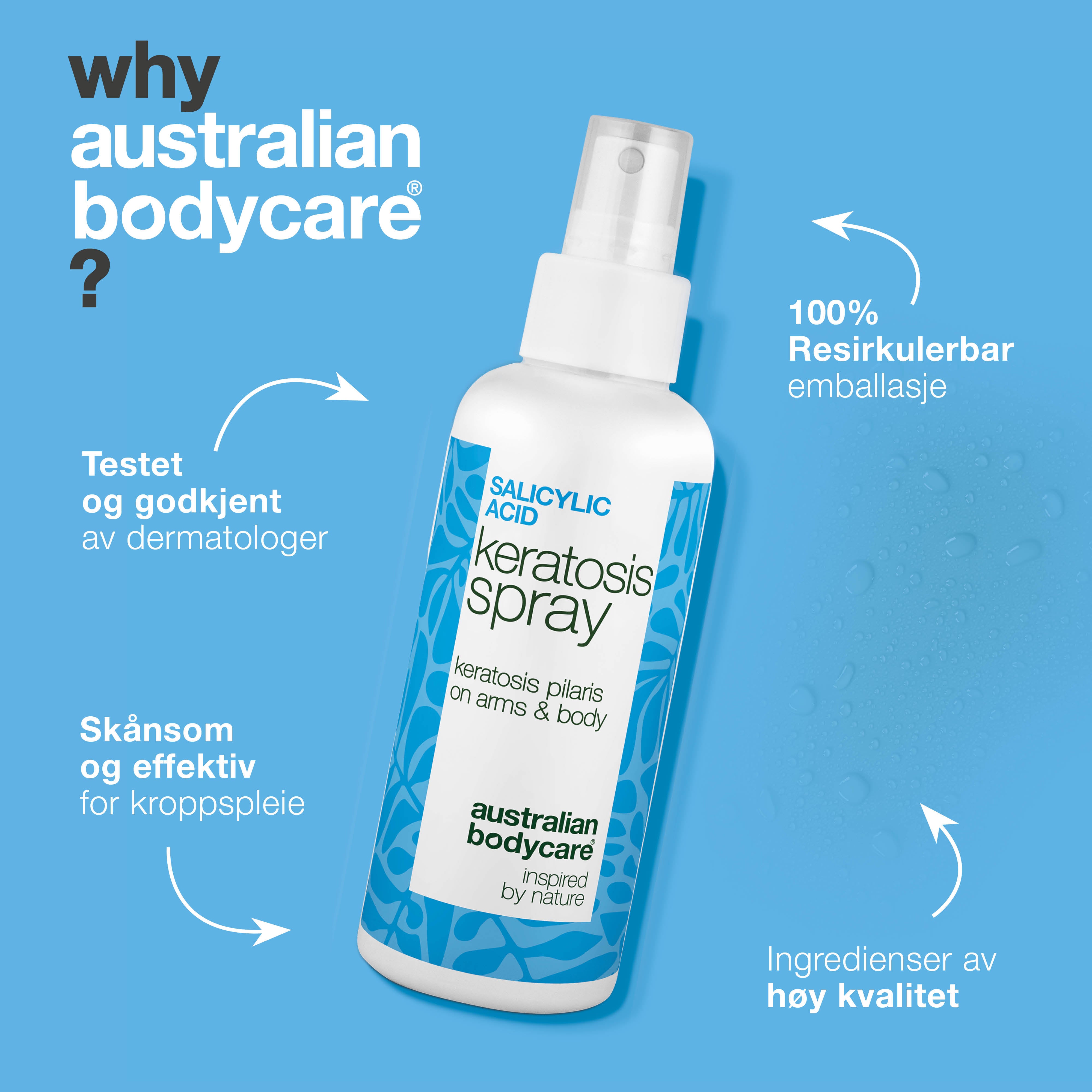Spray mot keratosis pilaris og nupper på armer og lår — Keratosis pilaris spray reduserer nupper og ru hud. Inneholder salisylsyre som eksfolierer og mykgjør huden.