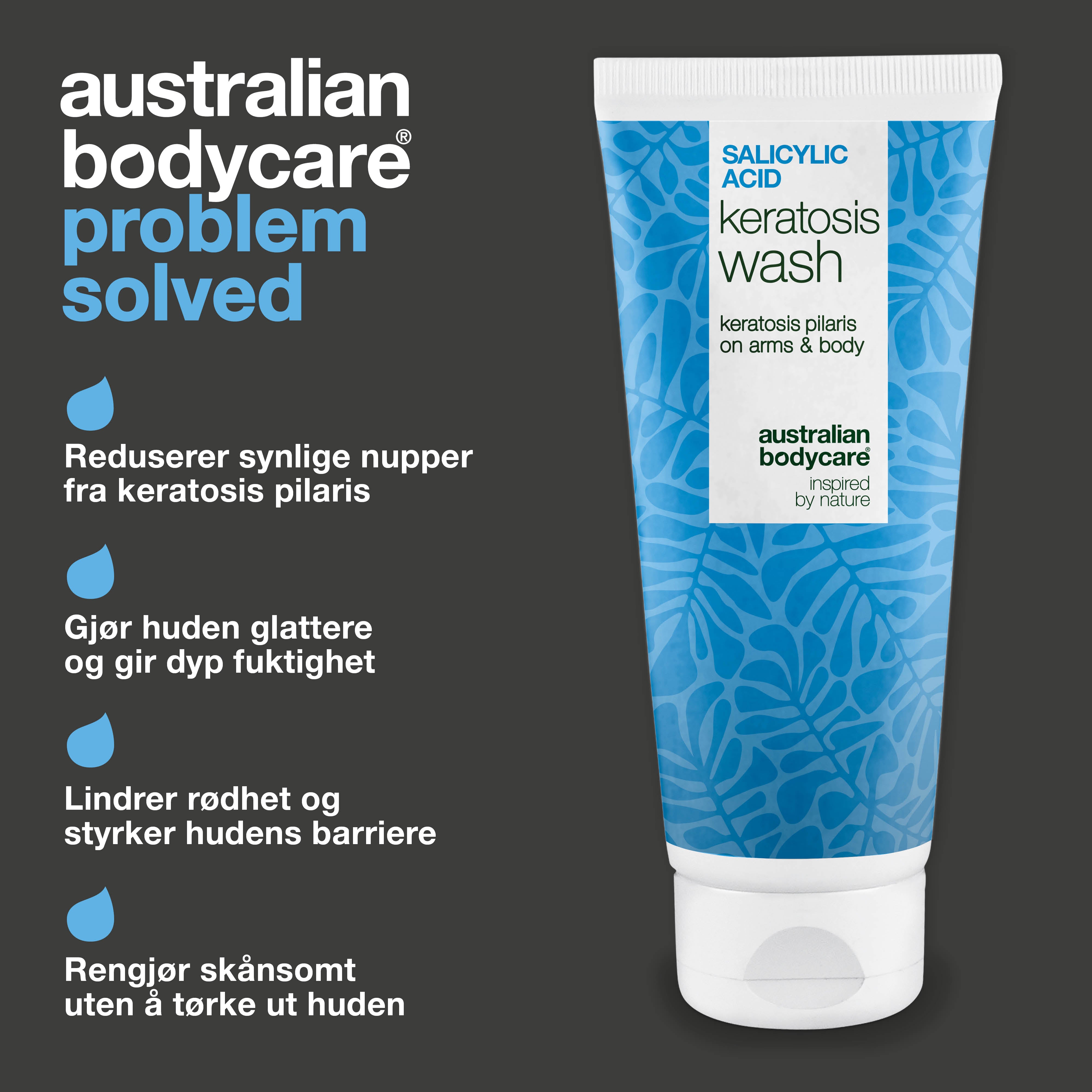 Keratosis Pilaris Body Wash mot keratosis pilaris, tørr hud og porer. Beriket med salisylsyre, niacinamid, sink PCA og vitamin E for synlig glattere hud.