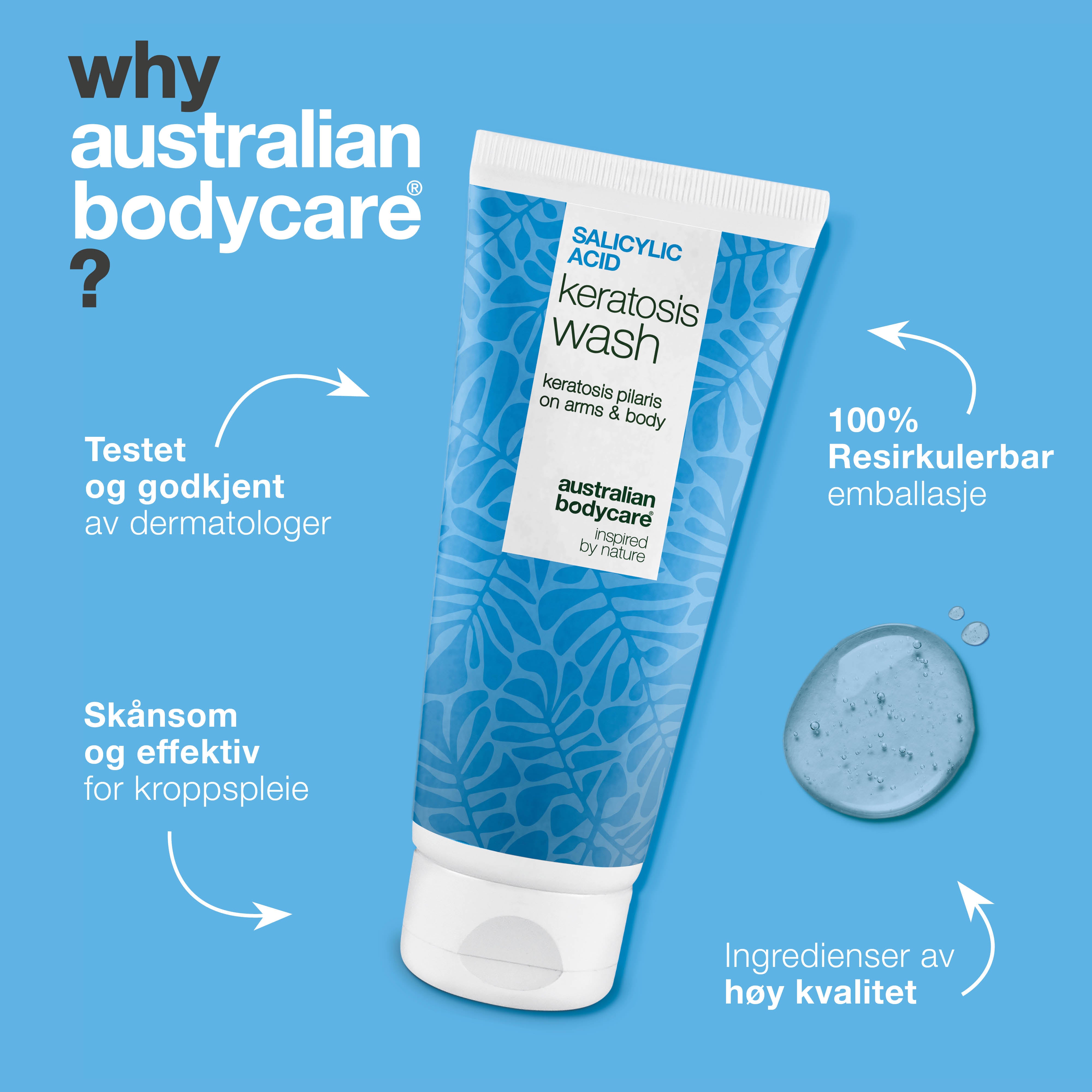 Keratosis Pilaris Body Wash mot keratosis pilaris, tørr hud og porer. Beriket med salisylsyre, niacinamid, sink PCA og vitamin E for synlig glattere hud.