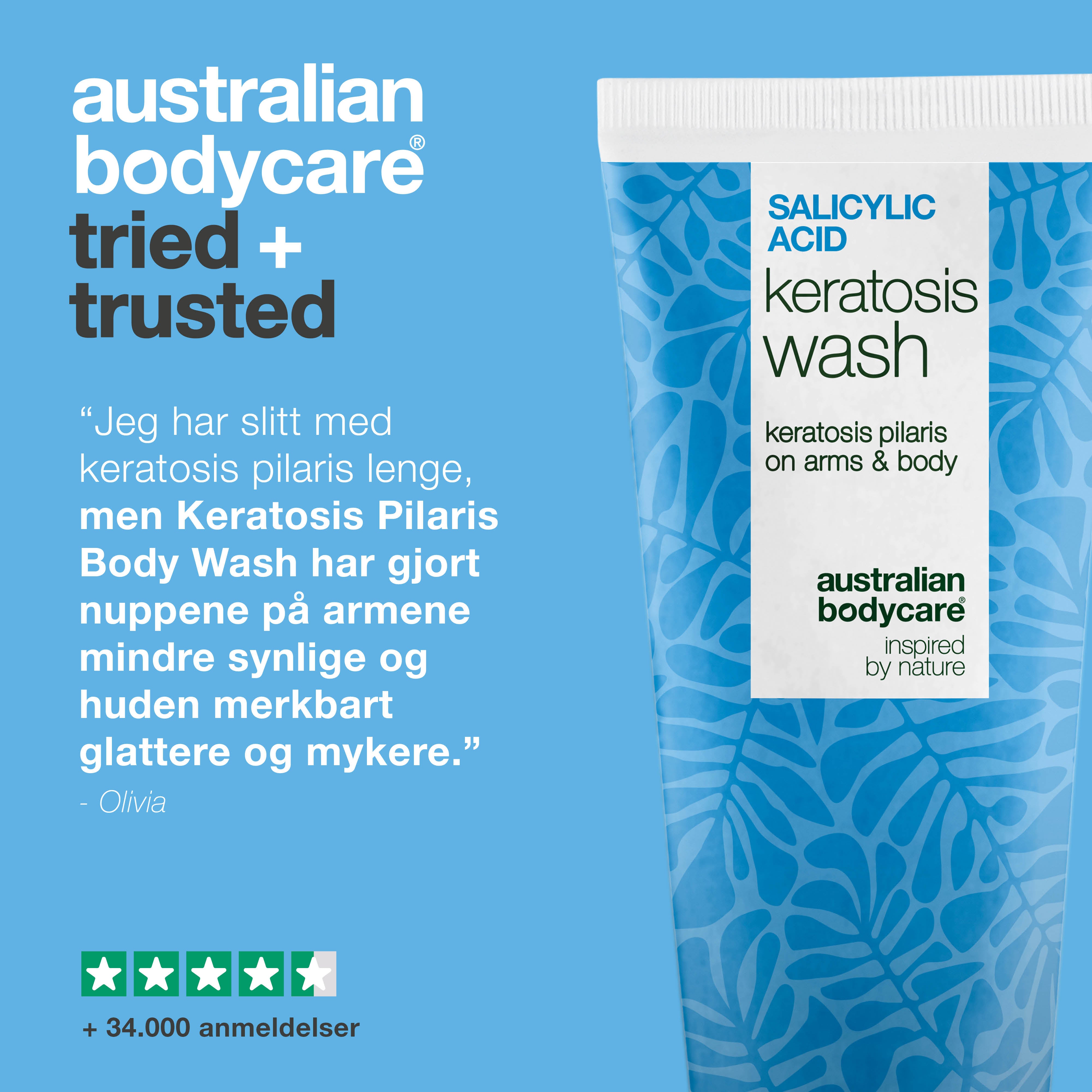 Keratosis Pilaris Body Wash mot keratosis pilaris, tørr hud og porer. Beriket med salisylsyre, niacinamid, sink PCA og vitamin E for synlig glattere hud.