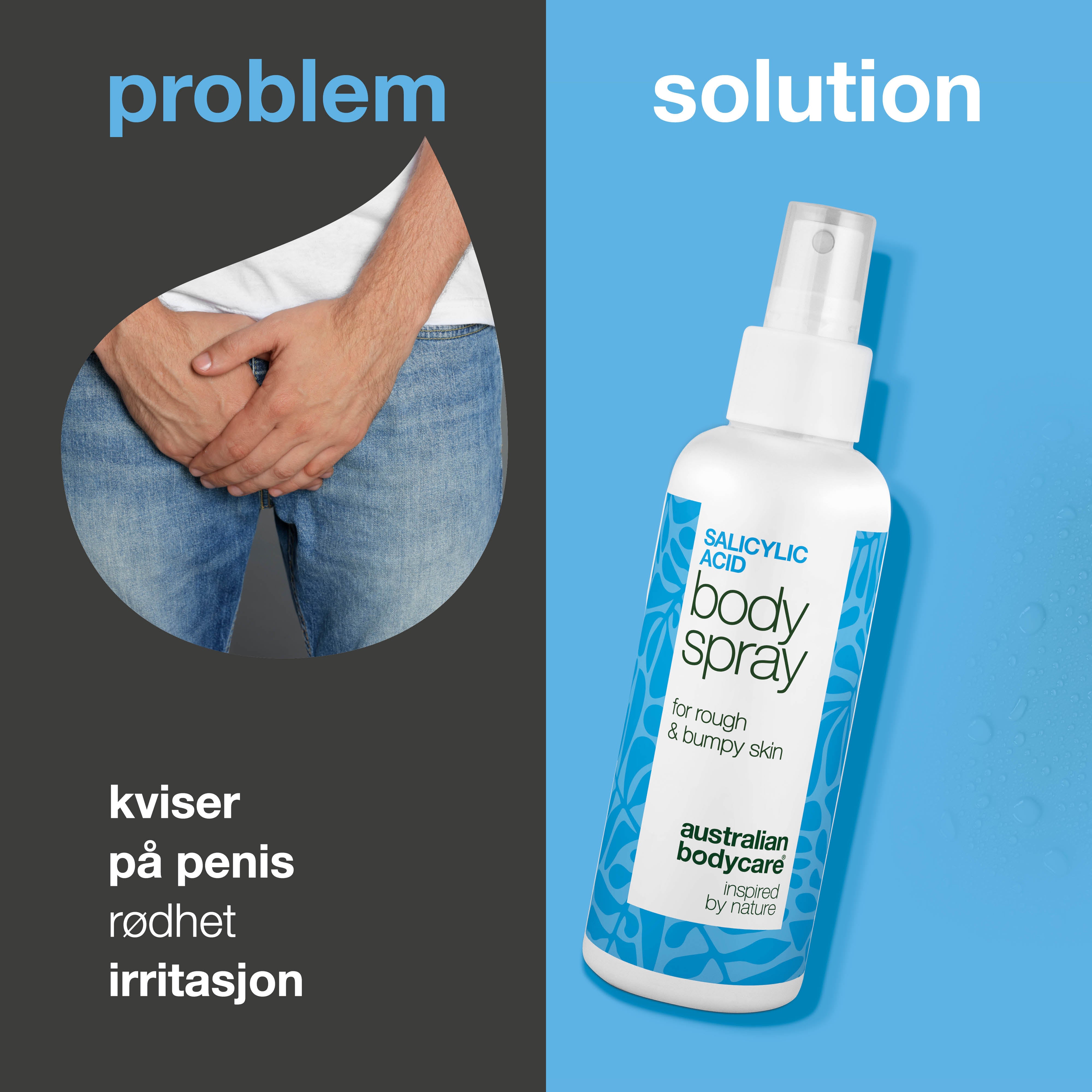 Spray for kviser på penis renser porene og forebygger nye utbrudd. Inneholder salisylsyre, glykolsyre, glyserin, panthenol og sinklaktat.