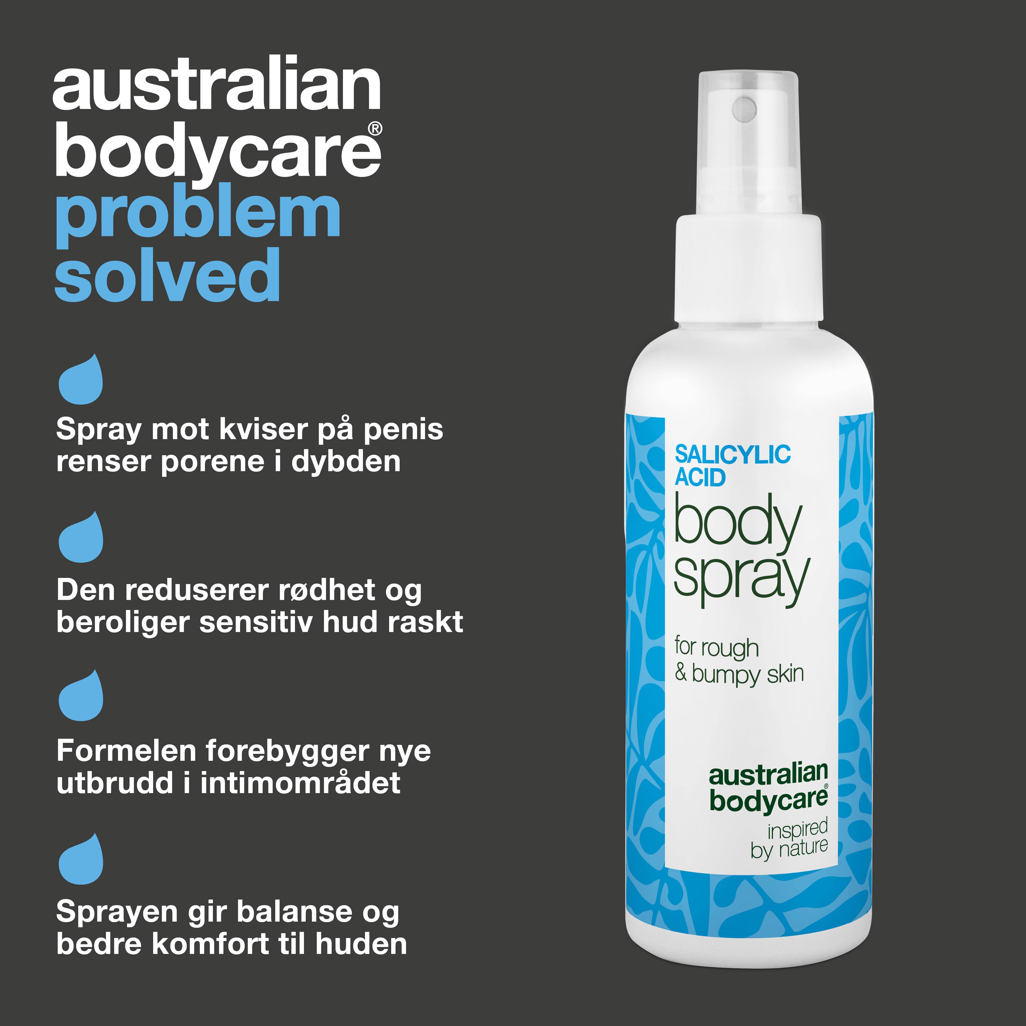 Spray for kviser på penis renser porene og forebygger nye utbrudd. Inneholder salisylsyre, glykolsyre, glyserin, panthenol og sinklaktat.