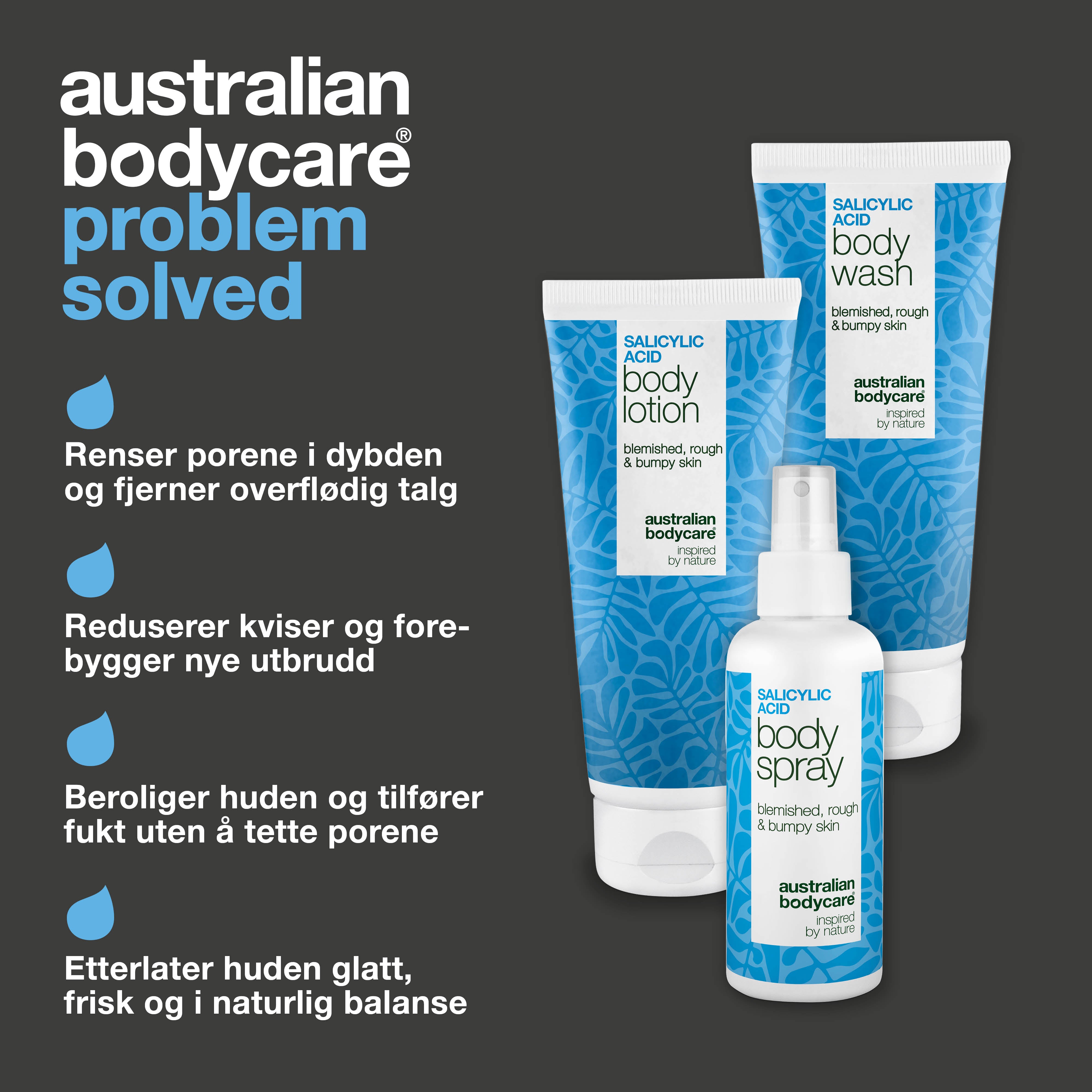 Kroppspakke mot kviser og uren hud – 3-trinns hudpleie med salisylsyre — Pakke mot kviser og uren hud. Renser porene med salisylsyre, niacinamid og sink for en glattere og friskere hud.