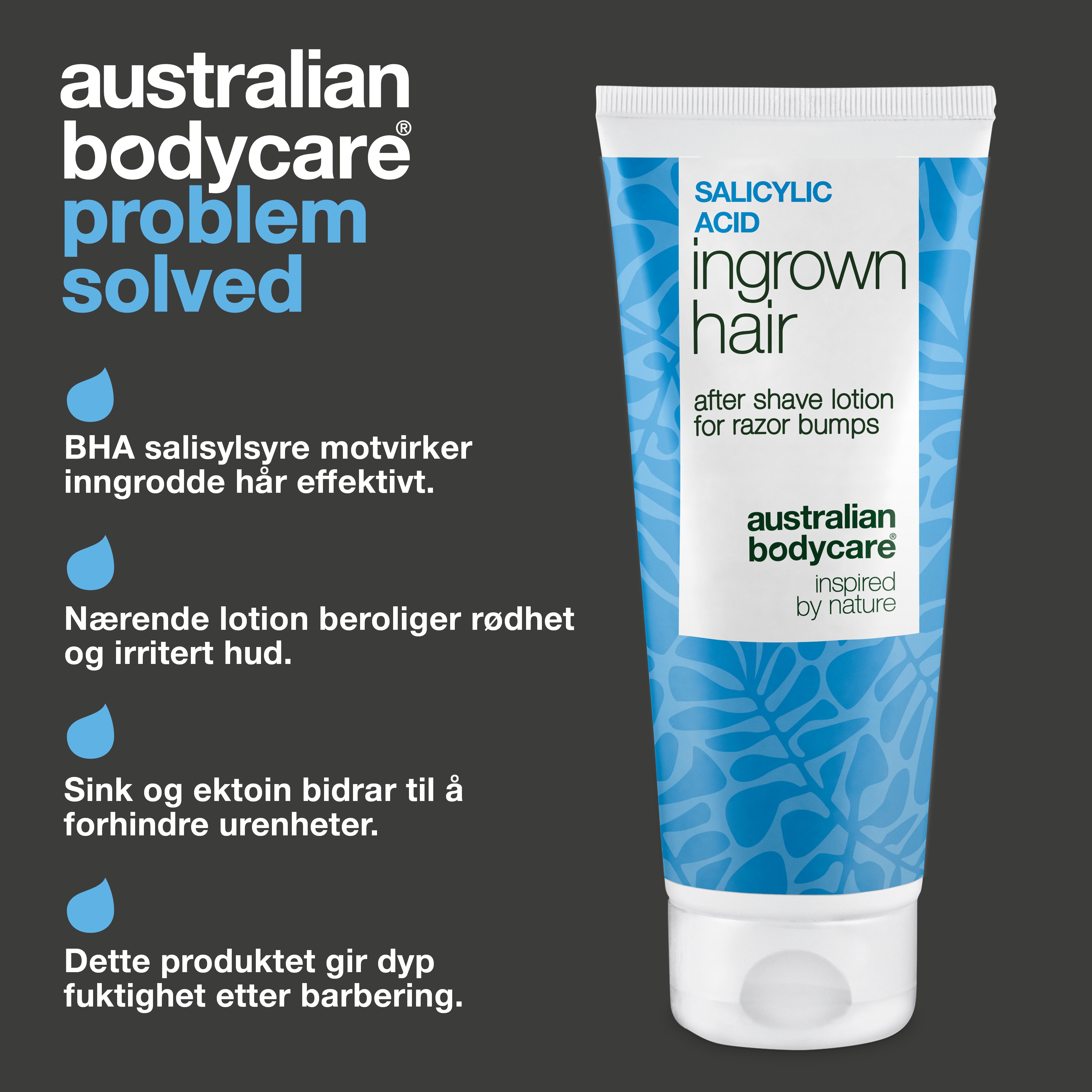 Australian Bodycare Salisylsyre After Shave Lotion mot inngrodde hår, røde nupper, urenheter og irritasjon. Lotionen med BHA-salisylsyre, sink og ektoin gir samtidig huden dyp og langvarig fukt etter barbering.