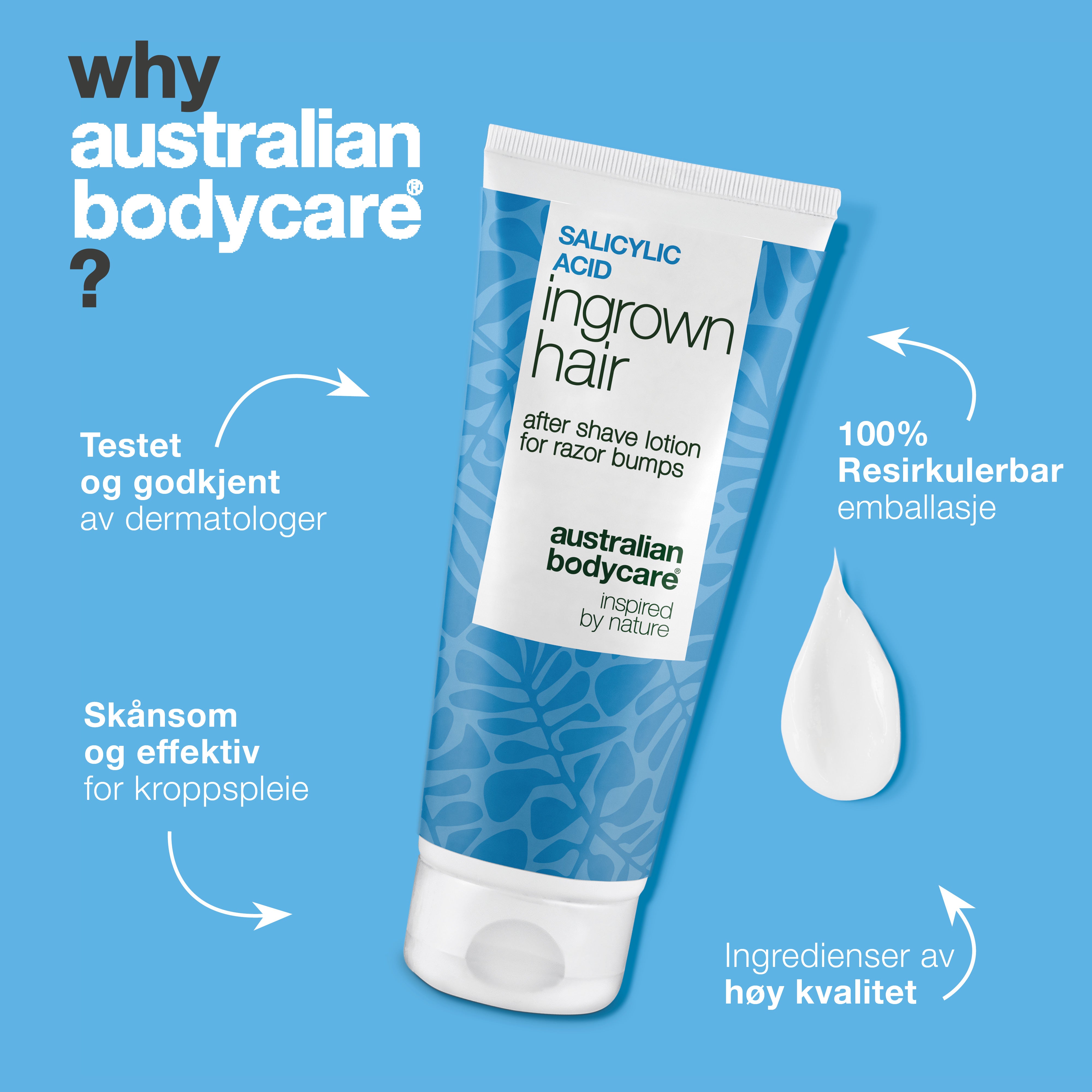 Australian Bodycare Salisylsyre After Shave Lotion i resirkulerbar emballasje. Dermatologisk testet, skånsom og effektiv kroppspleie med ingredienser av høy kvalitet.