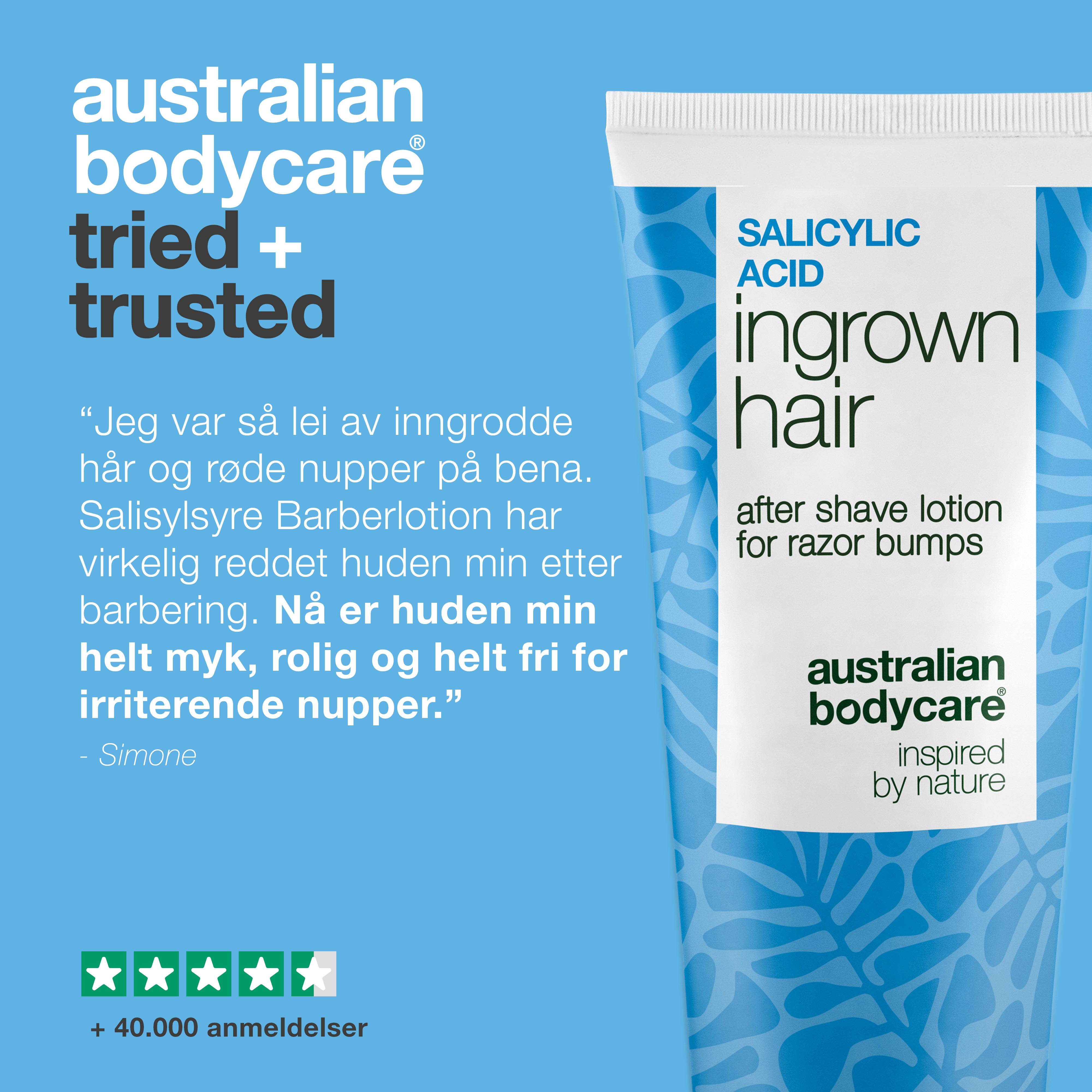 Australian Bodycare Salisylsyre After Shave Lotion mot inngrodde hår og røde nupper. Bildet viser produktet sammen med en kundeanmeldelse om mykere og mer beroliget hud etter barbering, samt over 40 000 anmeldelser.