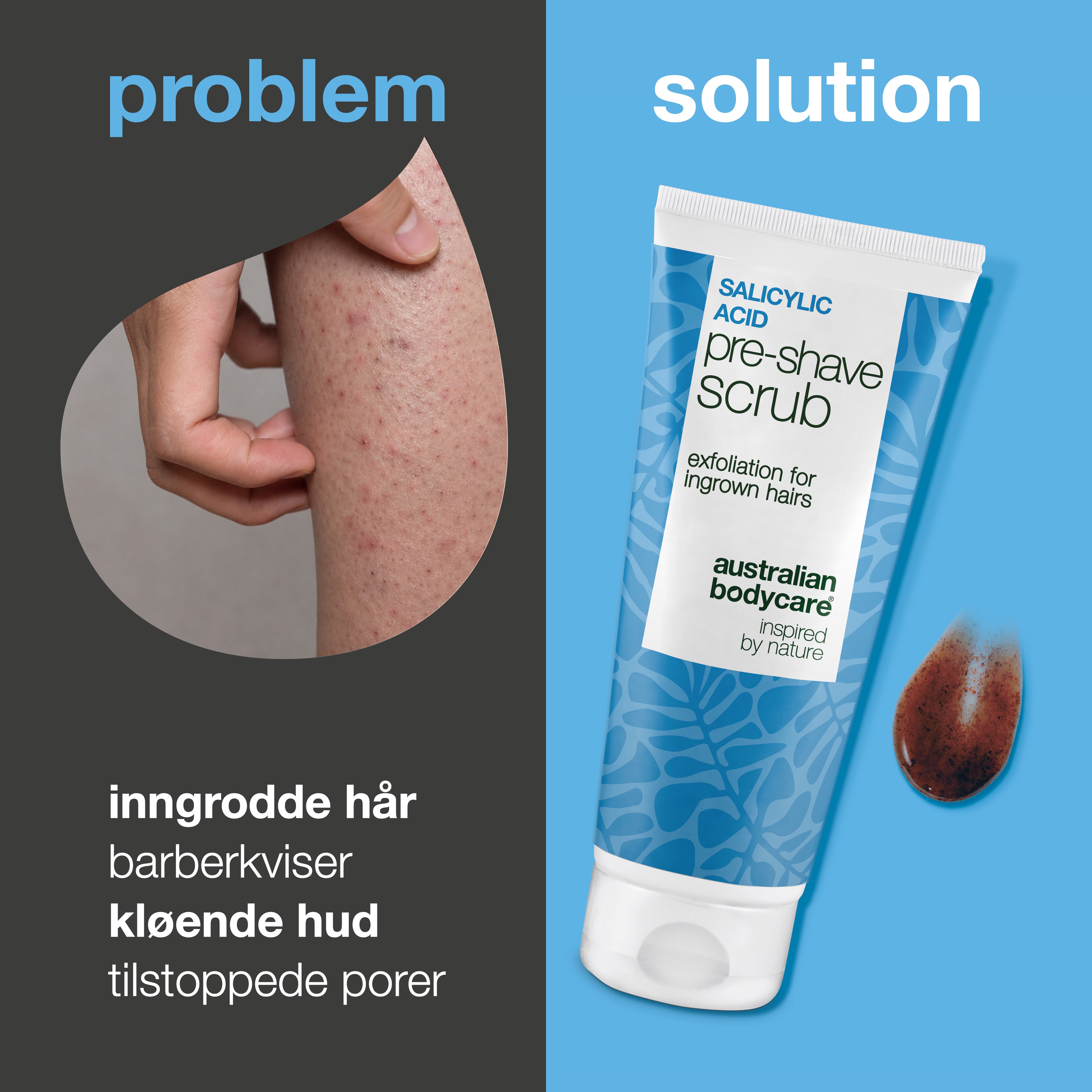 Salisylsyre Pre-shave Scrub mot inngrodde hår og nupper — Salisylsyre Pre-shave Scrub mot inngrodde hår og nupper. Gir en glatt barbering uten kløe. Med aktiv salisylsyre og AHA.