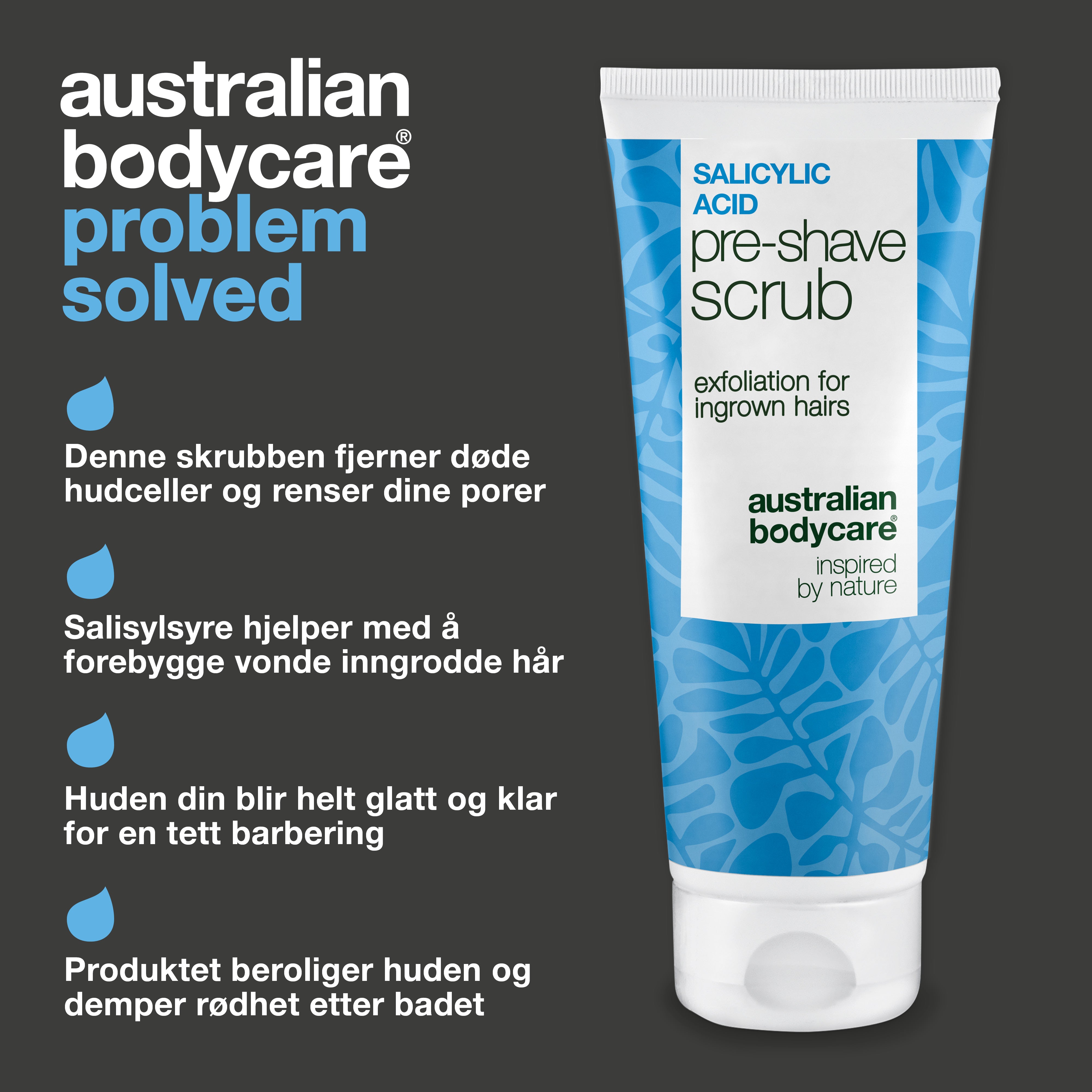 Salisylsyre Pre-shave Scrub mot inngrodde hår og nupper — Salisylsyre Pre-shave Scrub mot inngrodde hår og nupper. Gir en glatt barbering uten kløe. Med aktiv salisylsyre og AHA.