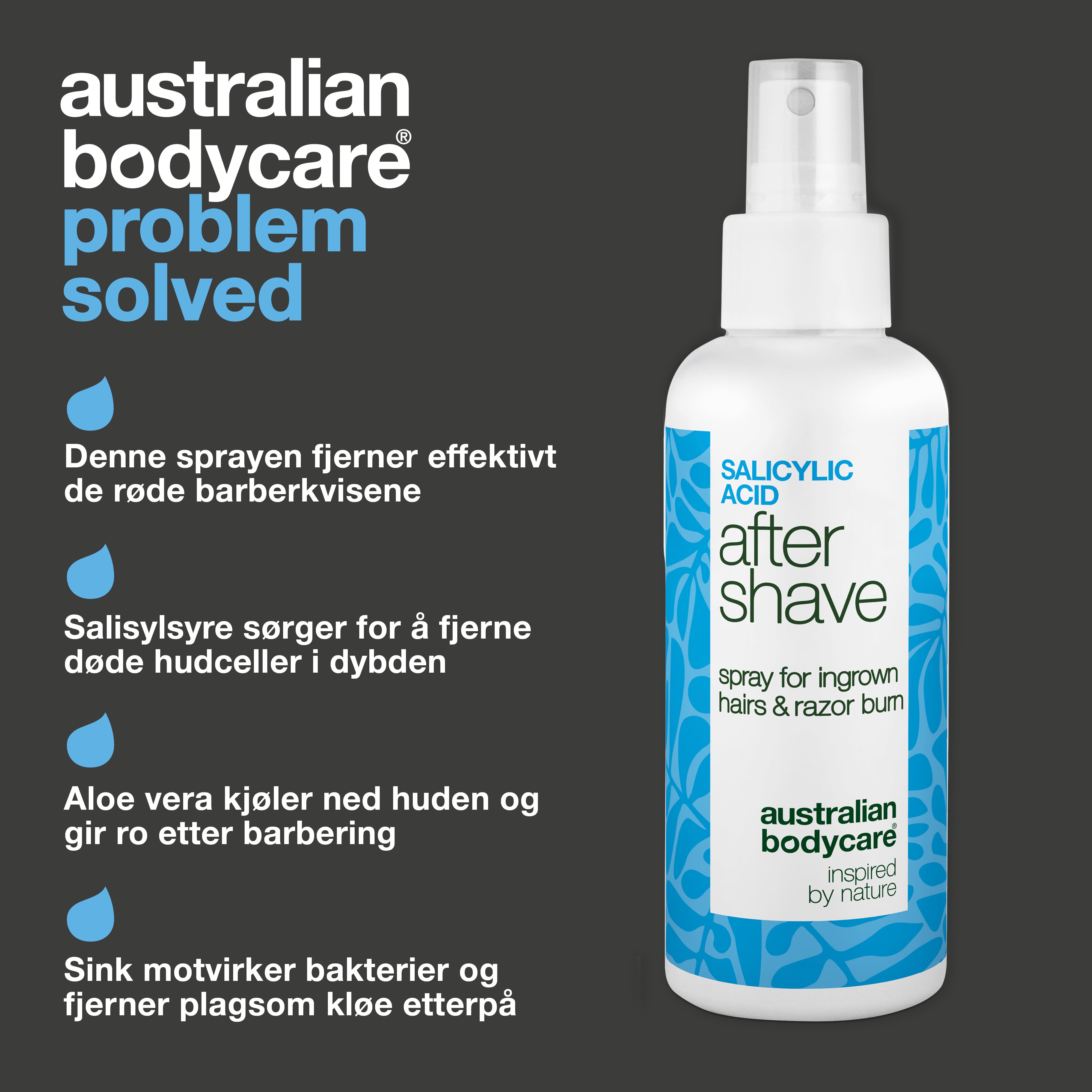 Salisylsyre After Shave Spray mot røde nupper — After Shave Spray mot inngrodde hår og røde nupper. Beroliger kløe med salisylsyre og Aloe Vera for et glatt resultat. Prøv den nå.