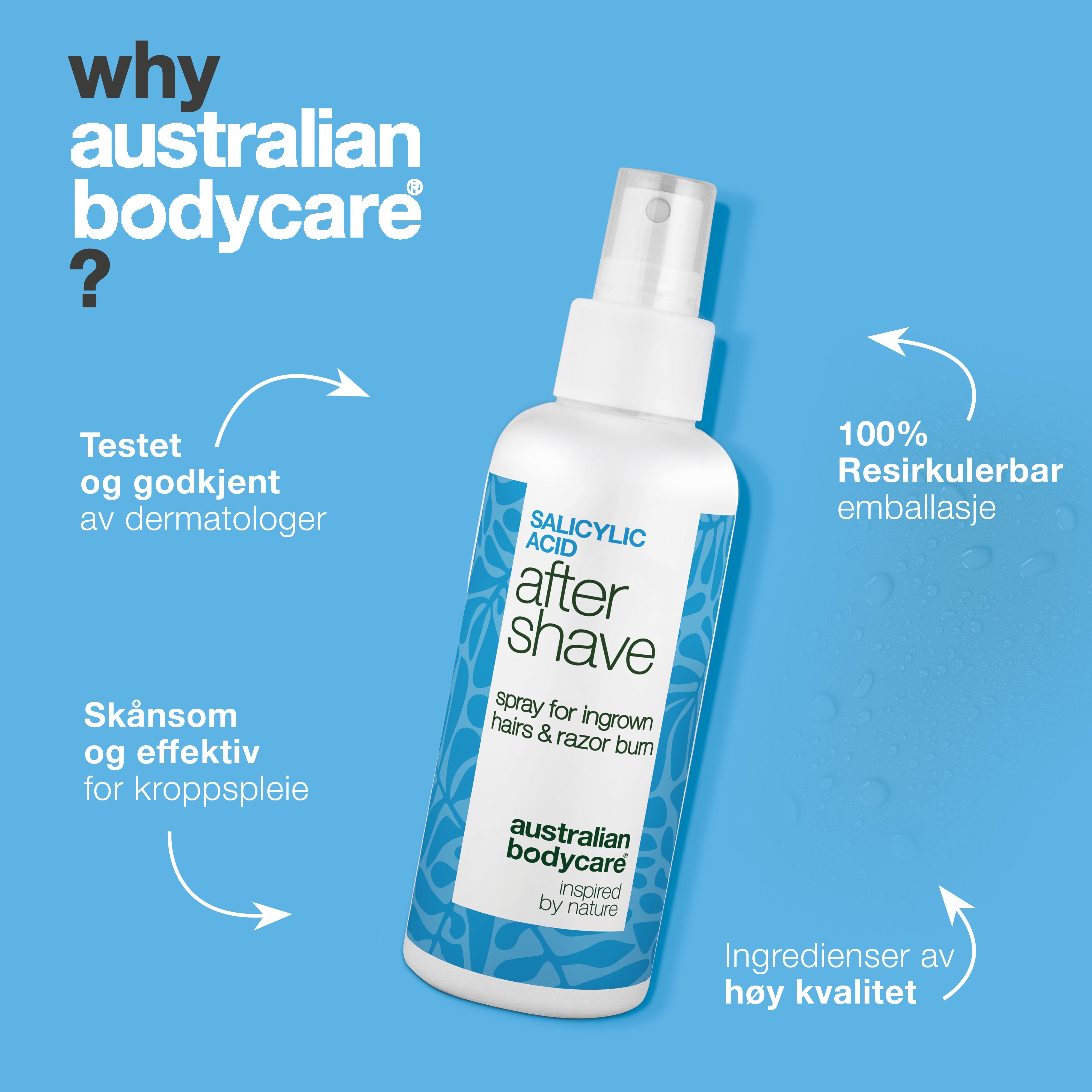Salisylsyre After Shave Spray mot røde nupper — After Shave Spray mot inngrodde hår og røde nupper. Beroliger kløe med salisylsyre og Aloe Vera for et glatt resultat. Prøv den nå.