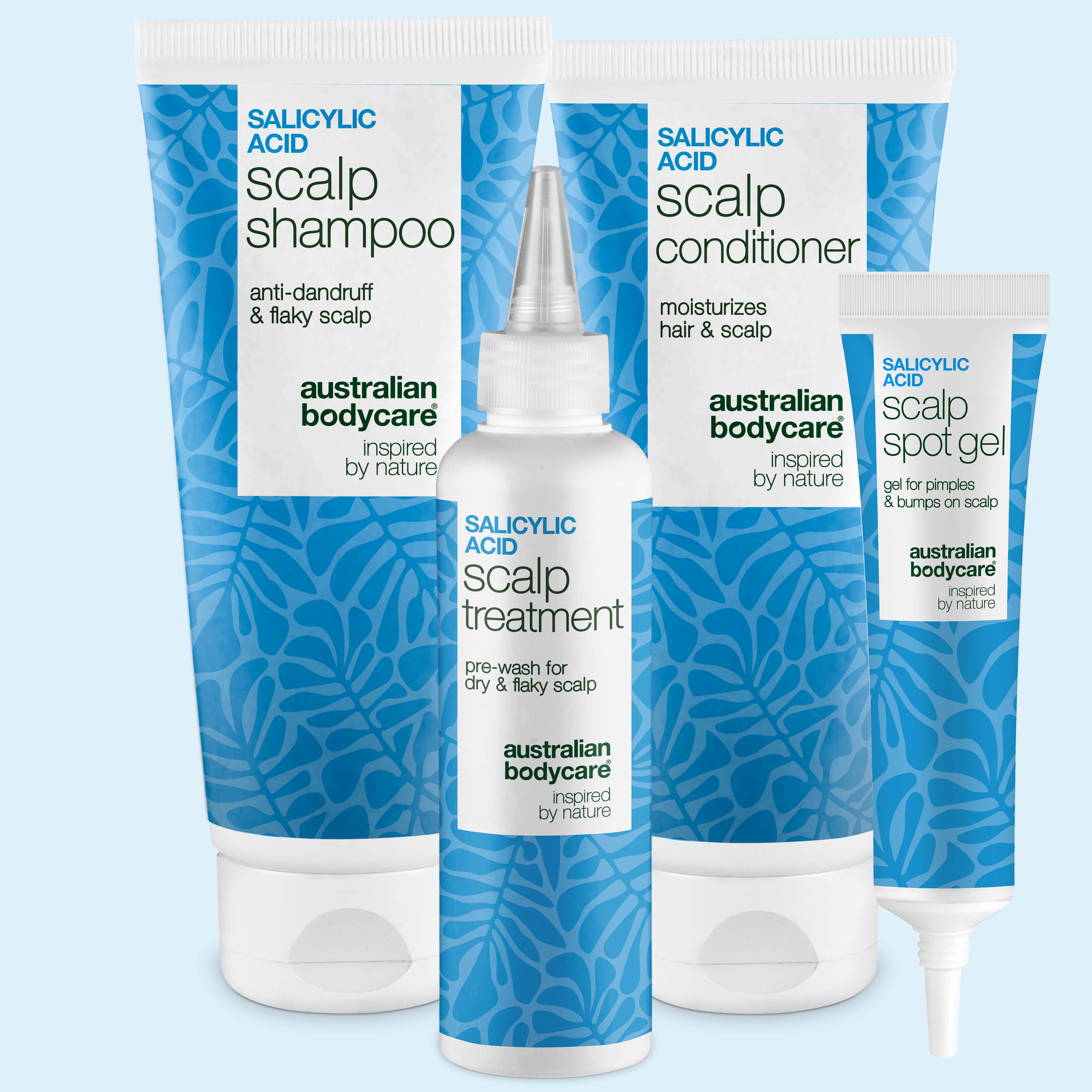 Salisylsyre Hodebunnsett med scalp shampoo, balsam, hodebunnskur og spot gel fra Australian Bodycare