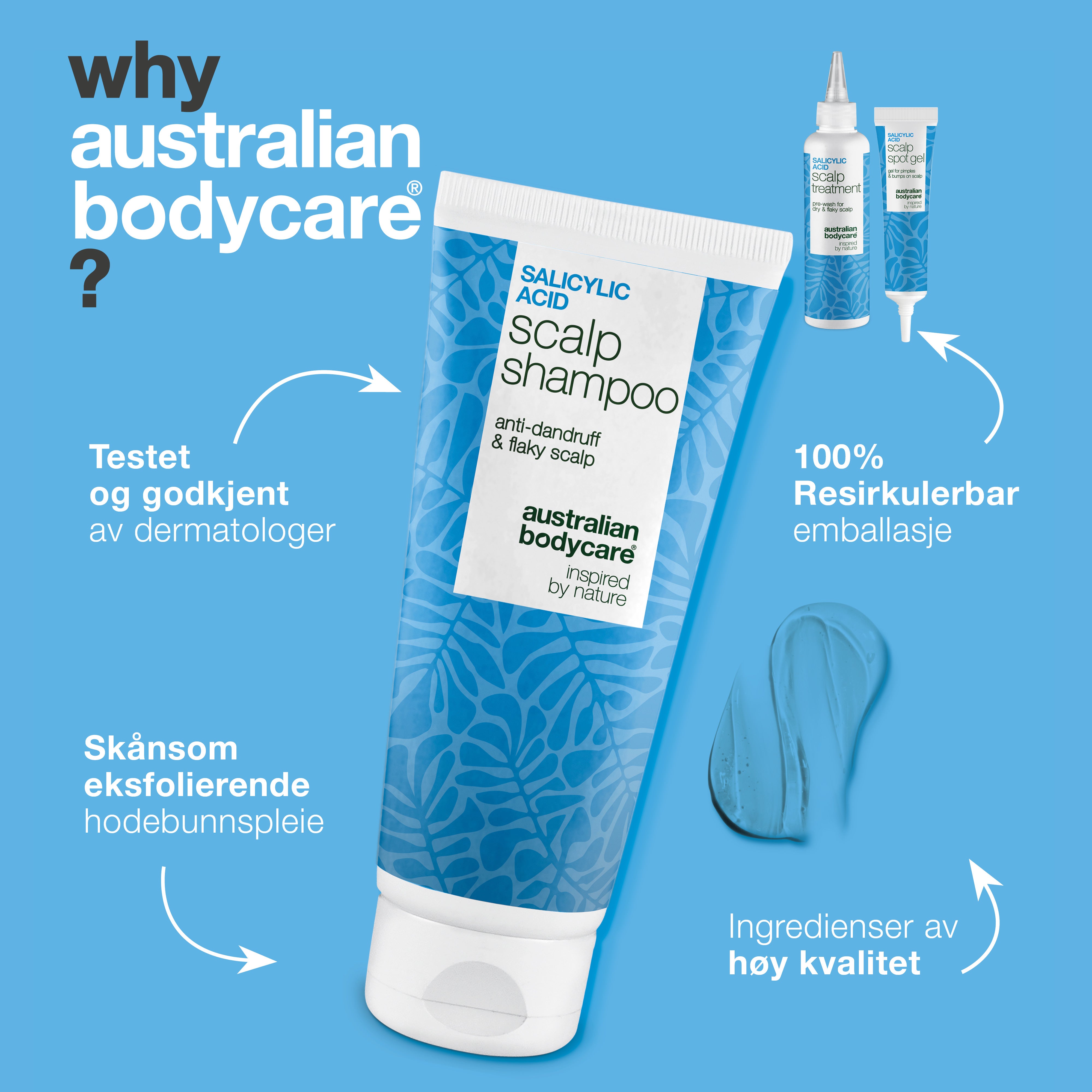 Hvorfor Australian Bodycare: testet og godkjent av dermatologer, skånsom eksfolierende hodebunnspleie og resirkulerbar emballasje