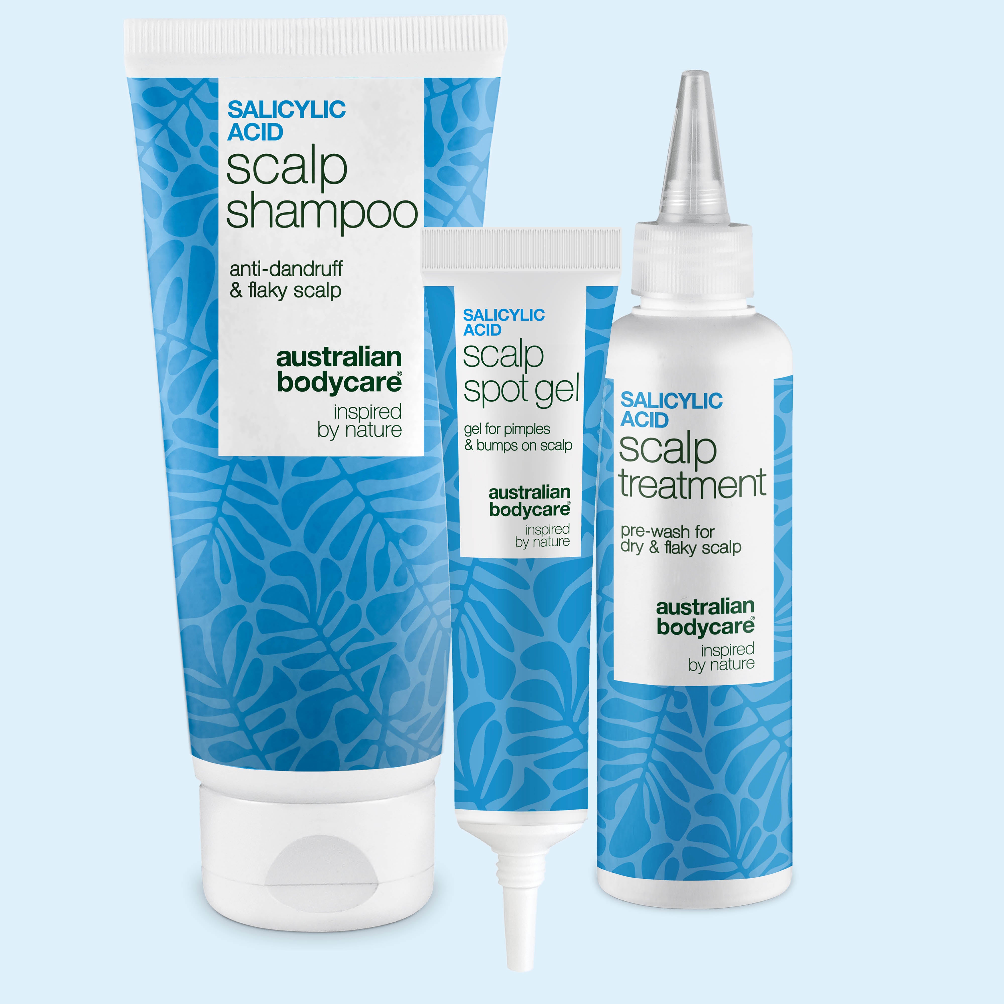 Salisylsyre sett mot fet hodebunn med scalp shampoo, hodebunnskur og spot gel fra Australian Bodycare
