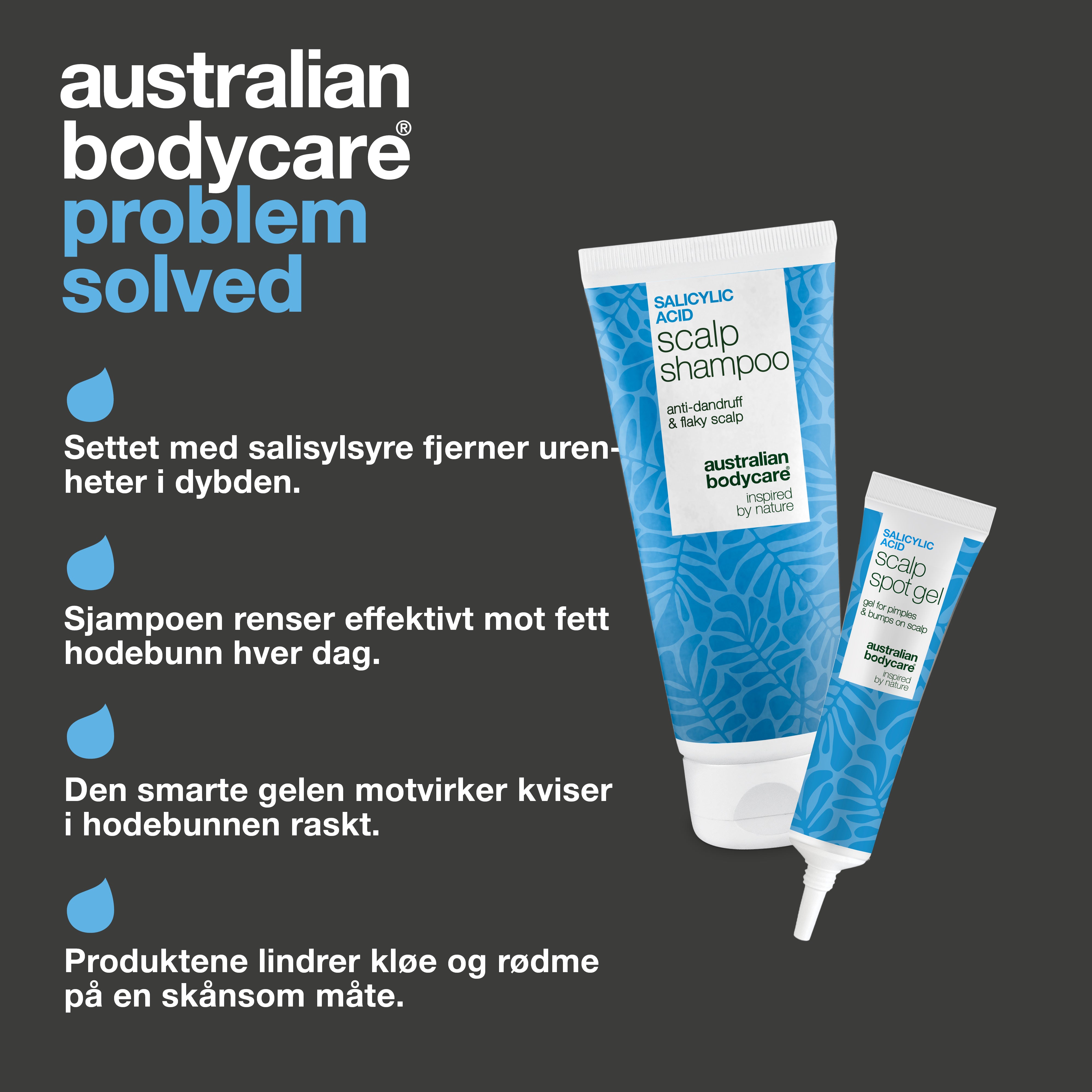Fordeler med settet: dyprensende sjampo og en spot gel med salisylsyre som lindrer ømme knopper og kviser