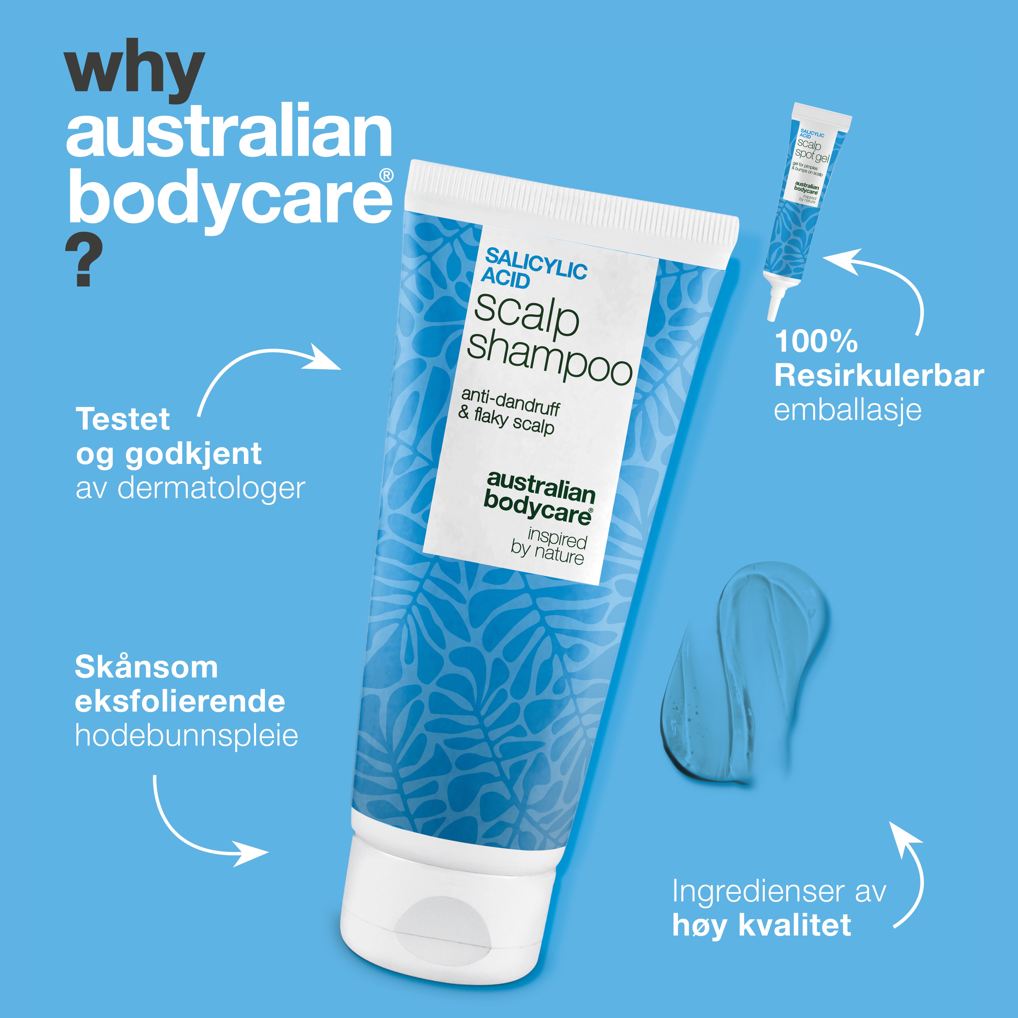 Hvorfor Australian Bodycare: testet og godkjent av dermatologer, skånsom eksfolierende hodebunnspleie og resirkulerbar emballasje