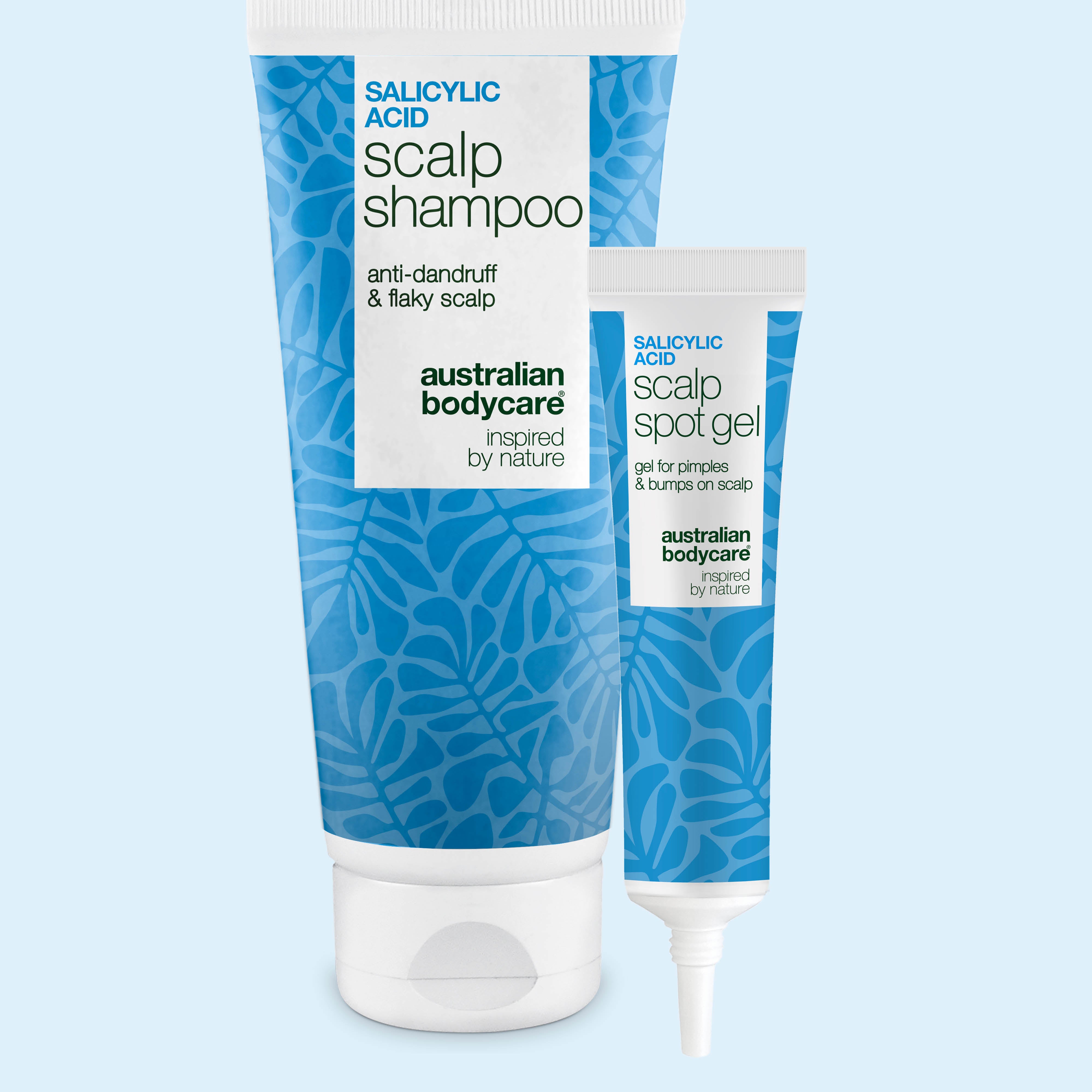Sett mot kviser i hodebunnen med Salisylsyre scalp shampoo og spot gel fra Australian Bodycare