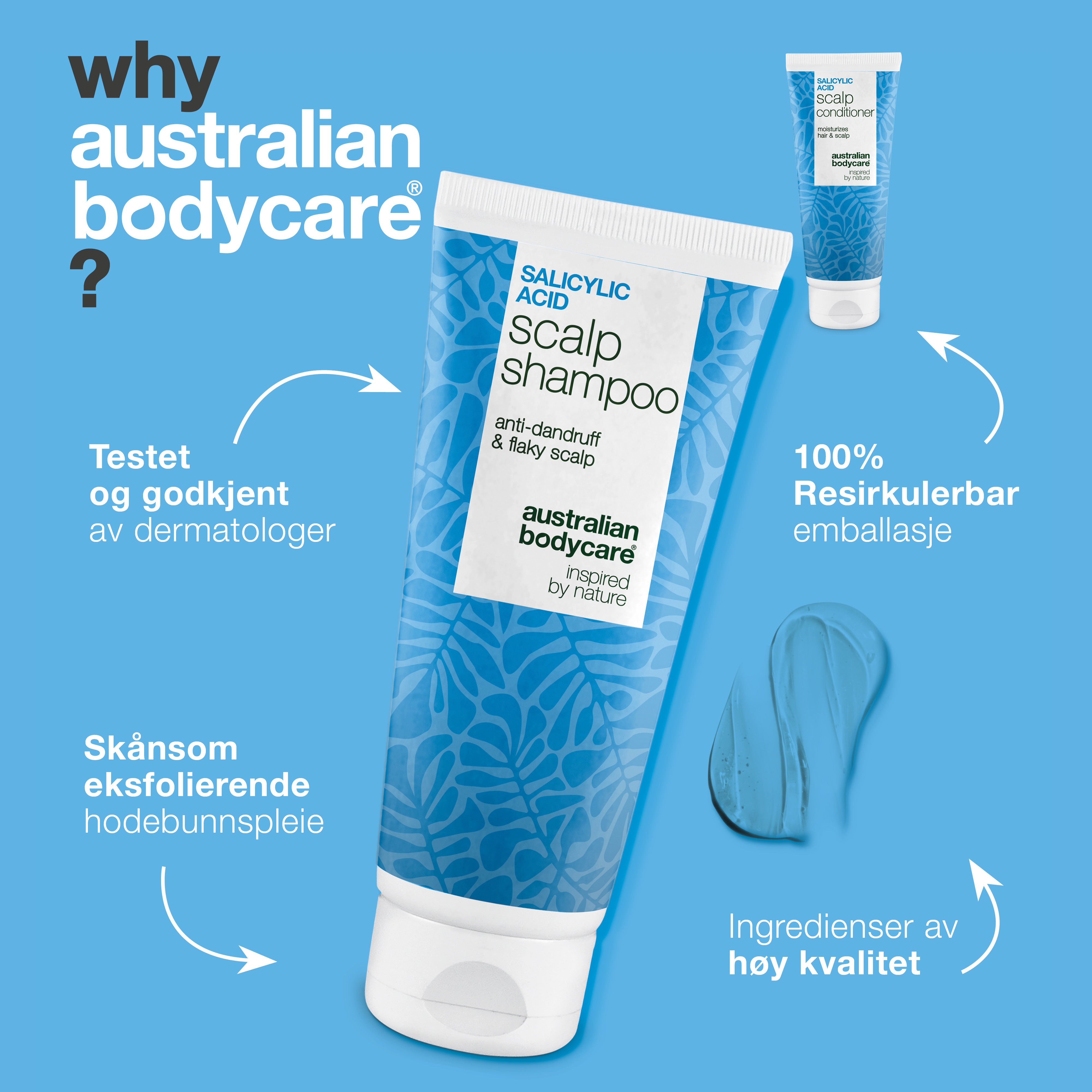 Hvorfor Australian Bodycare: testet og godkjent av dermatologer, skånsom eksfolierende hodebunnspleie og resirkulerbar emballasje