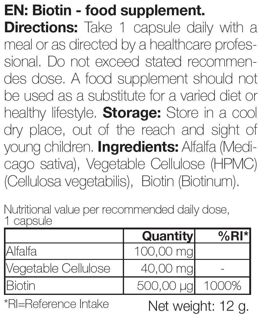 Biotin 500 µg med vitamin B7 – for vedlikehold av hår, hud og slimhinner. Inneholder 90 tabletter for daglig tilskudd av biotin.