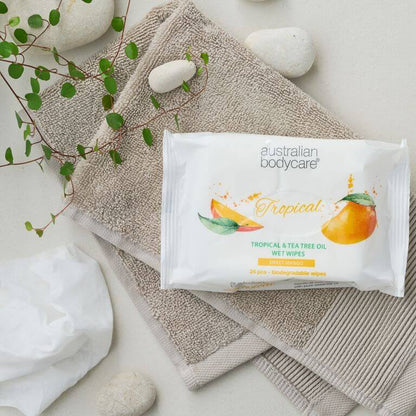 Våtservietter til voksne med Mango & Tea Tree Oil 24 stk. - Til daglig rens av kroppen.