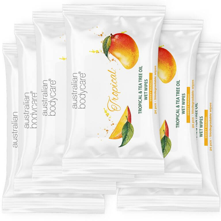 Våtservietter til voksne med Mango & Tea Tree Oil 24 stk. - Til daglig rens av kroppen.