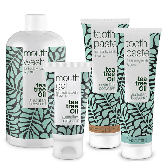 4 pakke med munnpleieprodukter - Munnprodukter med tetreolje mot problemer med tunge, tenner og tannkjøtt