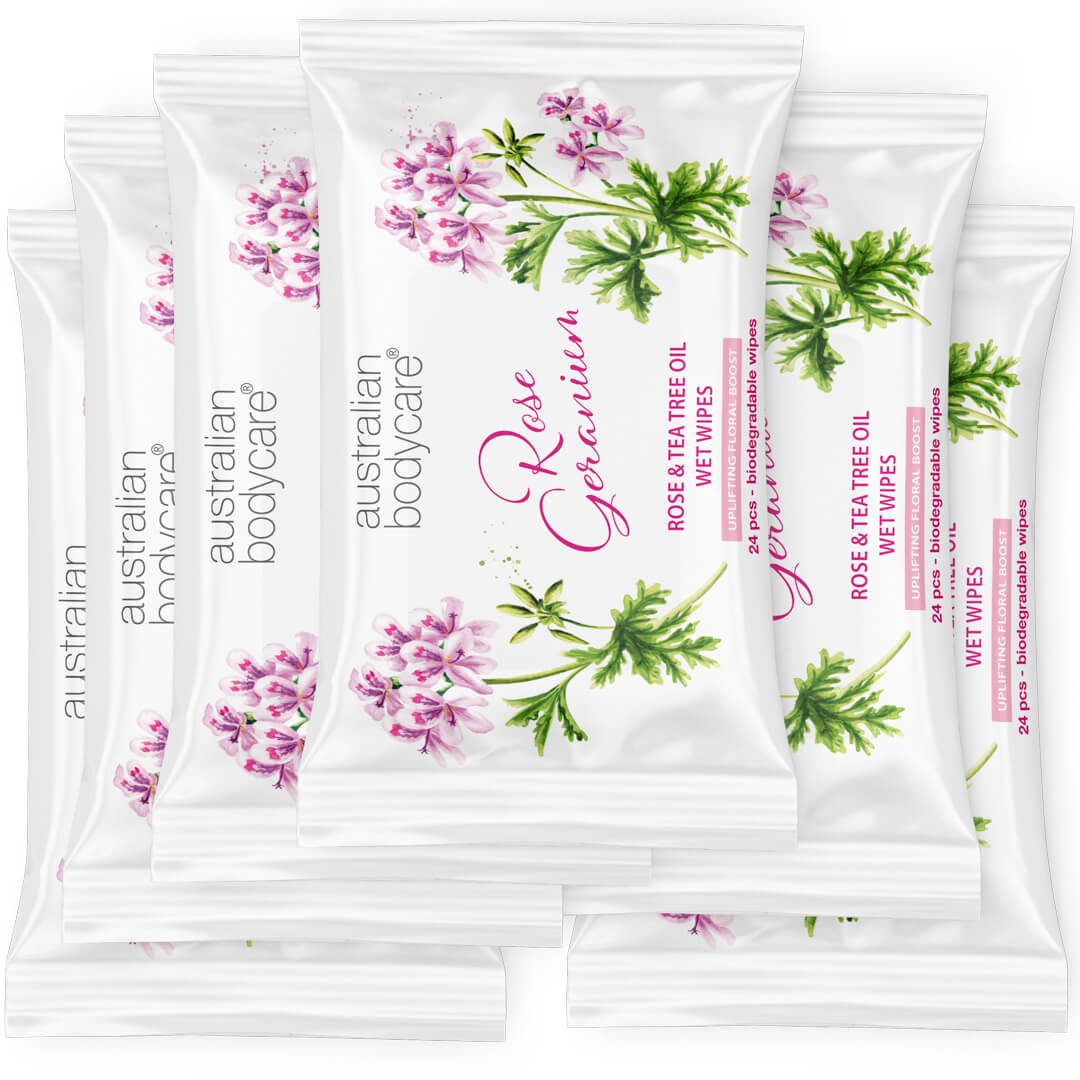 Våtservietter med Rose geranium & Tea Tree Oil 24 stk til kropp og ansikt -  Fjerner bakterier, smuss og sminke.