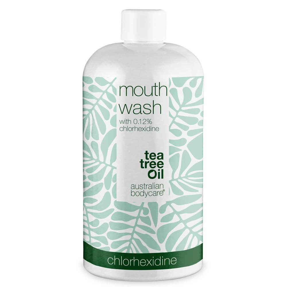 Klorhexidin munnskyll 0,12% for daglig pleie av sårt tannkjøtt med Tea Tree Oil